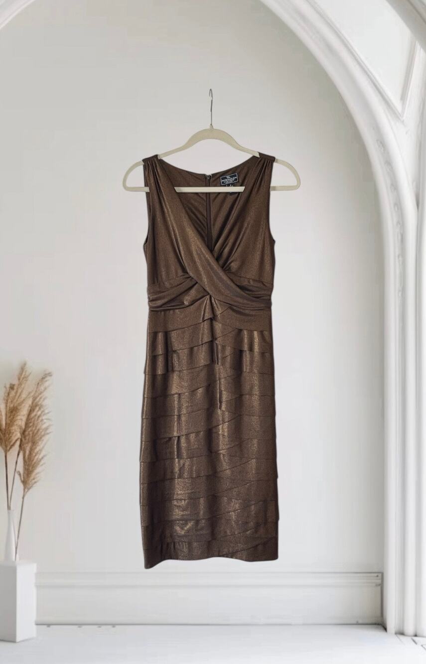 American Living Bronze Metallic Layered Stretch Sheath Dress Size 2